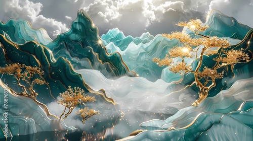 Gold inlaid jade carving mountains abstract art poster background
 photo