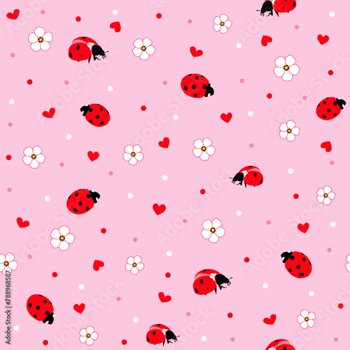 Red Lady bugs seamless pattern. love heart floral Print. good for fabric  fashion design  wallpaper  clothing  textile  wrapping paper. 