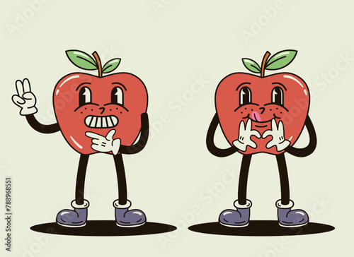 Cute and funny red apple characters in a groovy style vector illustration