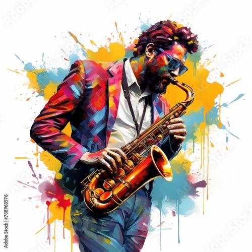 Abstract and colorful illustration of a man playing saxophone on a white background