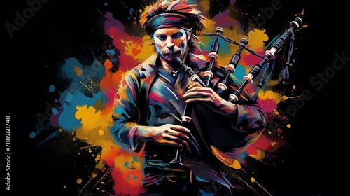 Abstract and colorful illustration of a man playing bagpipes on a black background