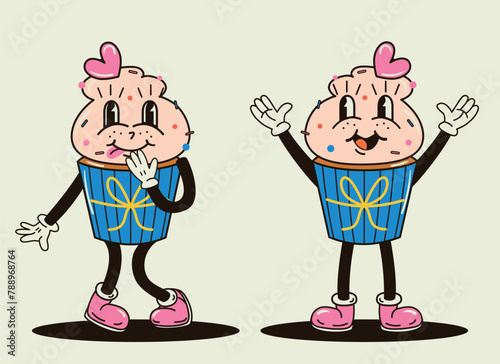 Cute and funny cupcake characters in a groovy style vector illustration