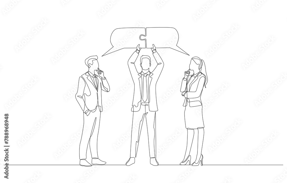 Continuous one line drawing of businessman connecting bubble thoughts of coworkers, business mediation, conciliator of opinions in work concept, single line art. Continuous one line drawing of businessman connecting bubble thoughts of coworkers, business mediation, conciliator of opinions in work concept, single line art.