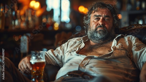 Portrait of a drunk man with a beer in a pub. Generative Ai.  © zorandim75