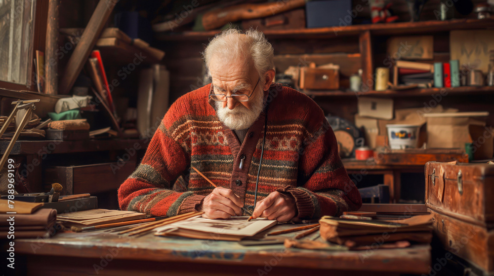 Elderly Craftsman Handwriting in Rustic Workshop Elderly Craftsman Handwriting in Rustic Workshop