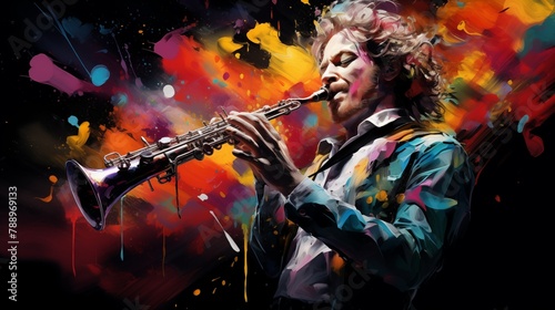 Abstract and colorful illustration of a man playing clarinet on a black background
