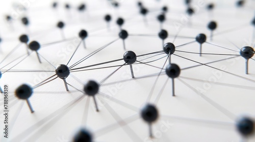 Black pins in paper linked together by lines,A collection of pins, varying in colors and sizes, placed on a white tabletop in a neat arrangement, A modern, minimalistic view of a grid network photo
