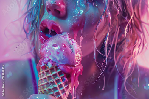 Young sexy woman licking an ice cream cone in a suggestive way