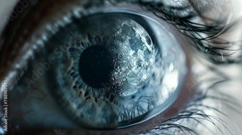 Person dreaming of the Moon and space conquest with a closeup of an eye with the Moon reflected in it