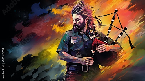 Abstract and colorful illustration of a man playing bagpipes on a black background