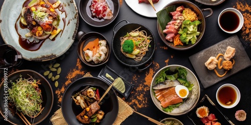 Overhead view of a table full of traditional Japanese food dishes