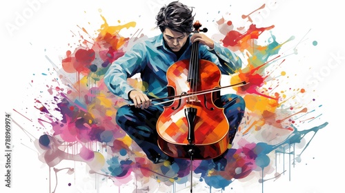 Abstract and colorful illustration of a man playing cello on a white background