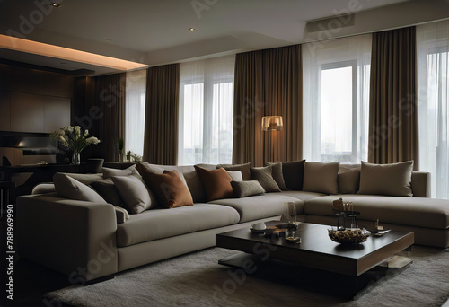 there sofa room living interior minimalistic apartment The luxury couch design house lamp floor three-dimensional bedchamber comfortable table hotel