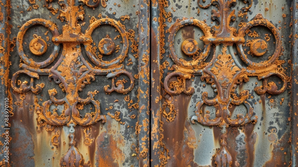 The doors to the room were made of heavy rusted metal sheets giving off a sense of strength and durability. The intricate patterns and swirls of rust added a touch of elegance to the .