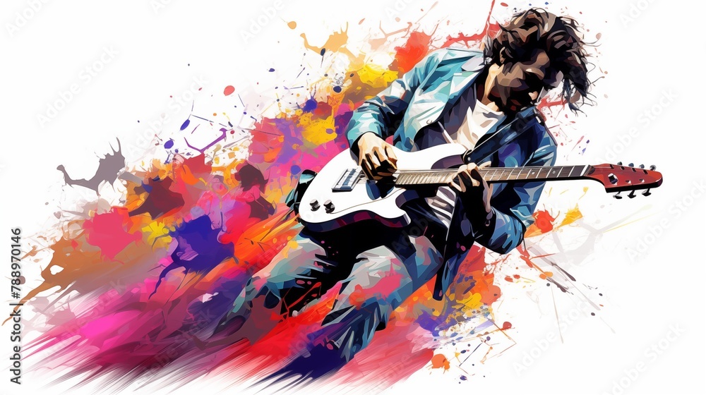 Abstract and colorful illustration of a man playing electric guitar on a white background