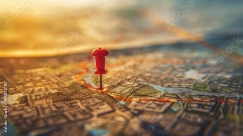 Location marking with a pin on a map with routes. Adventure, discovery, navigation, communication, logistics, geography, transport and travel theme concept background. photo