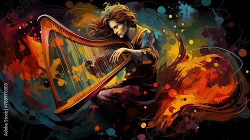 Abstract and colorful illustration of a man playing harp on a black background