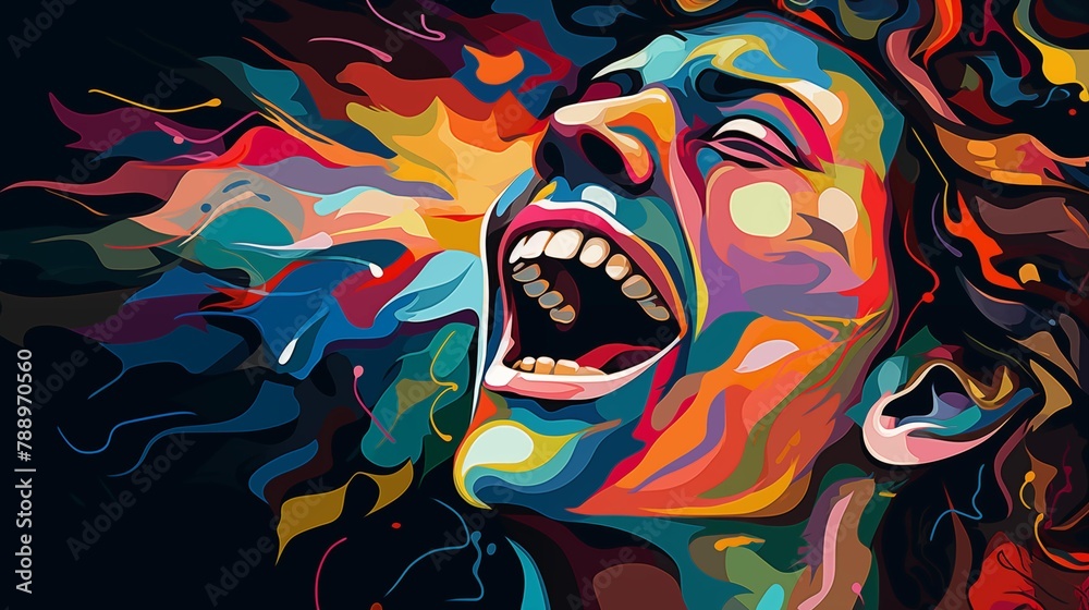 Abstract and colorful illustration of a man singing on a black background