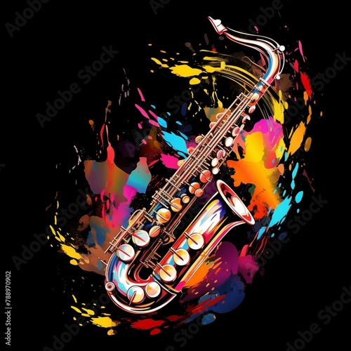 Abstract and colorful illustration of a saxophone on a black background