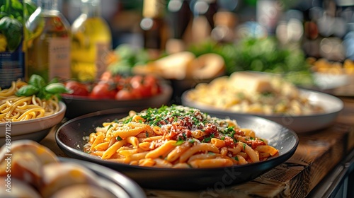 Pasta Penne Bolognese in plate on light background. Bolognese sauce is classic italian cuisine dish. Popular italian food. Generative Ai. 