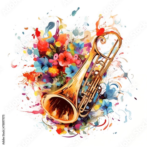 Abstract and colorful illustration of a trumpet on a white background with flowers