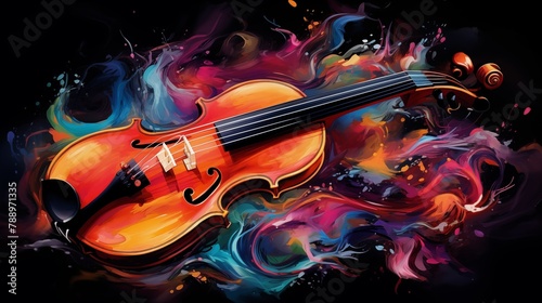 Abstract and colorful illustration of a violin on a black background photo