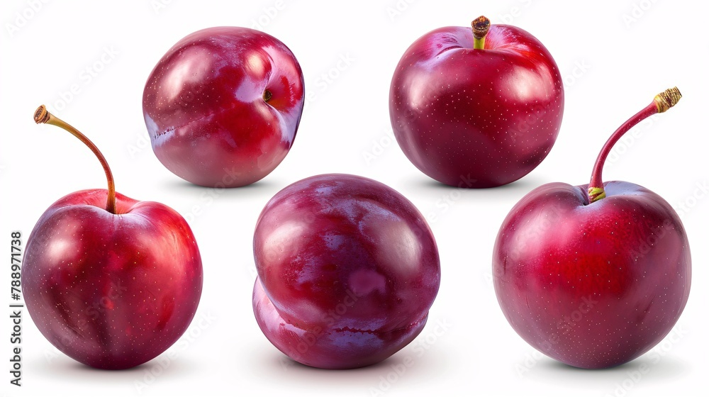 Assortment of scarlet plums on a blank backdrop..Variety of crimson plums on a plain surface Assortment of scarlet plums on a blank backdrop..Variety of crimson plums on a plain surface