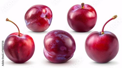 Assortment of scarlet plums on a blank backdrop..Variety of crimson plums on a plain surface