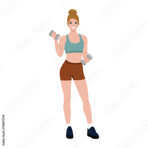 Young full body woman exercises with dumbbells. Weight training standing pose. Flat Vector Illustration Isolated on White Background