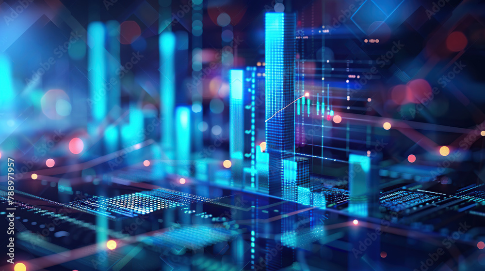 Perspective view of stock market growth, business investing and data concept with digital financial chart graphs, diagrams and indicators on dark blue blurry background