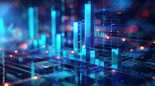 Perspective view of stock market growth, business investing and data concept with digital financial chart graphs, diagrams and indicators on dark blue blurry background