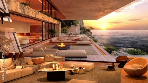 Sea view living room interior in modern beach house - Modern Luxury Living Room with Relaxing Fireplace