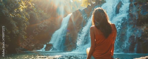 Portrait from behind. woman sitting on the edge of a waterfall with clear water is enjoying the waterfall to find peace and tranquility