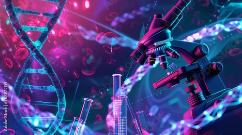 A colorful image of a microscope with a DNA strand in the foreground