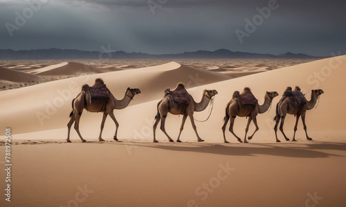 A caravan of camels slowly wanders through the dunes of the great desert.