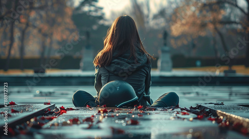 Sad grief alone crying woman sitting at cemetery grave gravestone funeral tomb loss husband family soldier helmet remembrance day military army