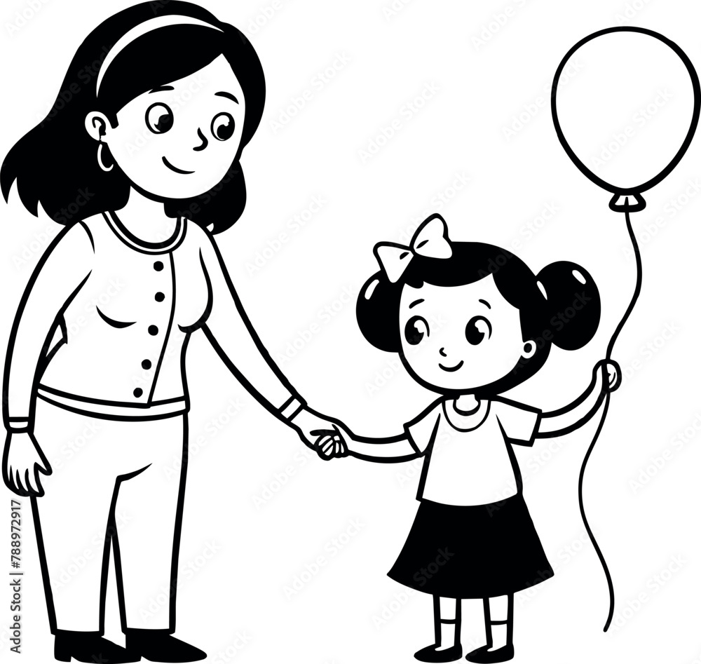 coloring page of a mother and girl holding hands with a balloon coloring page of a mother and girl holding hands with a balloon