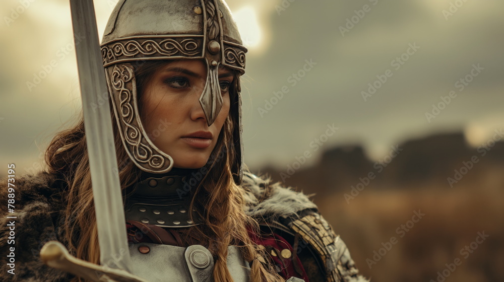 Strong Female Fighter in Traditional Armor and Weaponry, Fierce Warrior Spirit