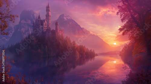 Enchanted Castle under Sunset Glow. Evening Fairytale