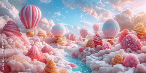 Adorable nail polish bottles as tiny hot air balloons floating above a candy-coated landscape photo