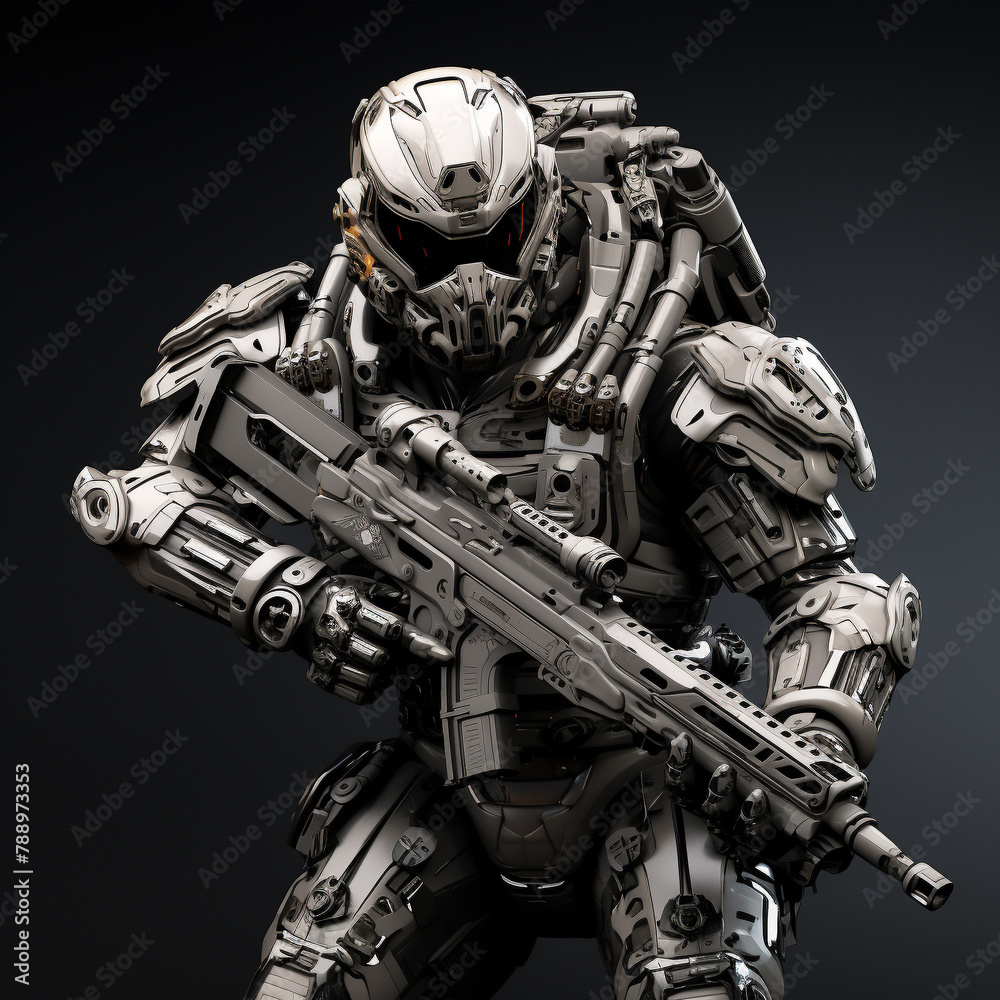 Futuristic, hyper-realistic soldier in combat armor, isolated on a monochrome background, epitomizing bravery, Futuristic, hyper-realistic soldier in combat armor, isolated on a monochrome background, epitomizing bravery,
