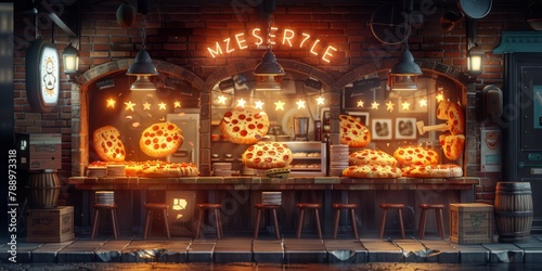 Adorable pizza parlor with slices wearing tiny aprons and tossing cartoon toppings