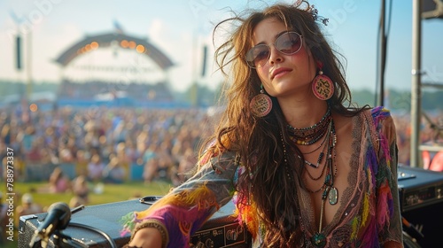 Beautiful young hippie woman enjoying at music festival outdoors. Generative Ai.  © zorandim75