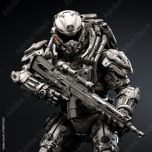Futuristic, hyper-realistic soldier in combat armor, isolated on a monochrome background, epitomizing bravery, © Supapich