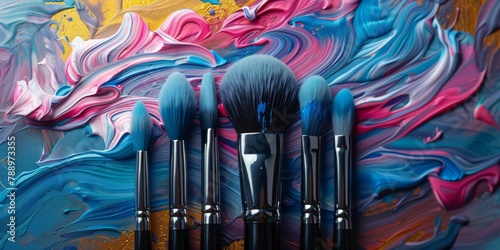 Cute makeup brushes as paintbrushes, creating a vibrant abstract masterpiece on a surreal canvas