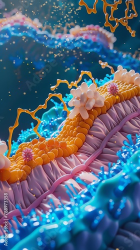 3D model of a cell membrane, vivid colors showing lipid bilayer and protein channels, high detail
