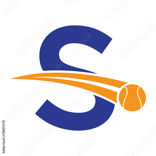 Tennis Logo On Letter S Concept With Moving Tennis Ball Symbol. Tennis Sign