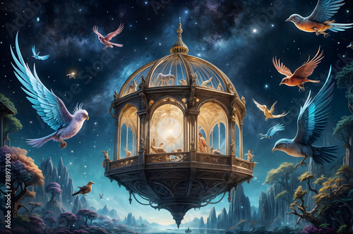 fairy tale castle in night,, there is a lit dovecote surrounded by colorful birds flying in the night sky. The dovecote has a yellow glow, and the birds have different sizes, shapes, and colors. 