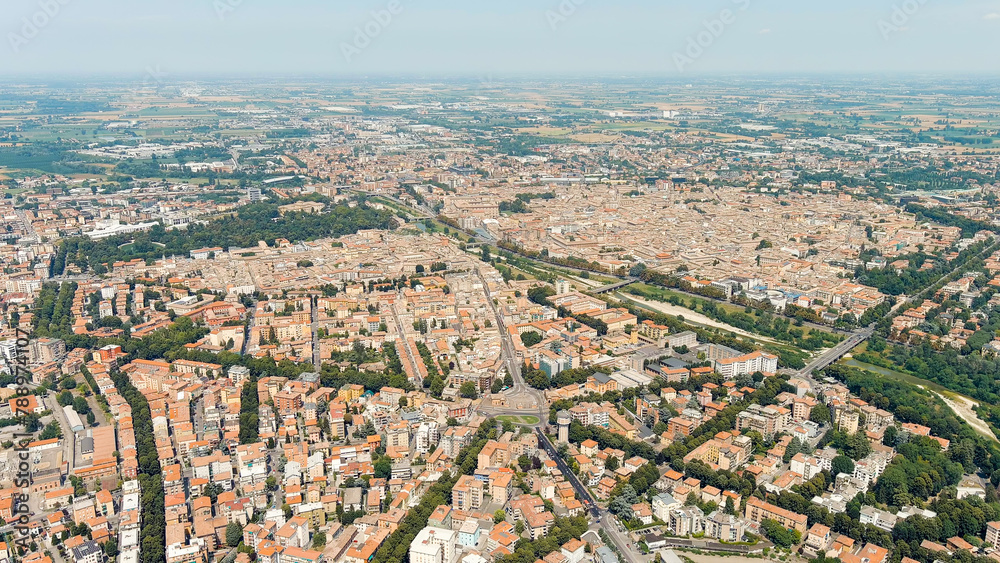 Parma, Italy. The historical center of Parma. Piazzale Tomaso Barbieri - City Square. Panorama of the city from the air. Summer day, Aerial View