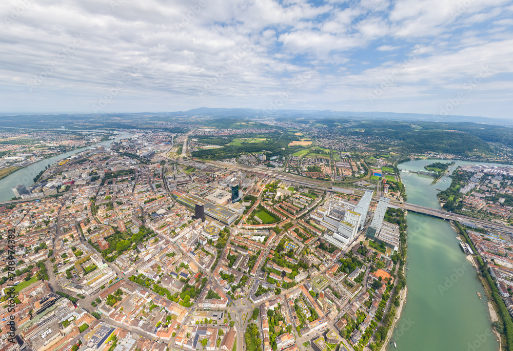 Basel, Switzerland. Panorama of the city. Rhine River. Summer day. Aerial view